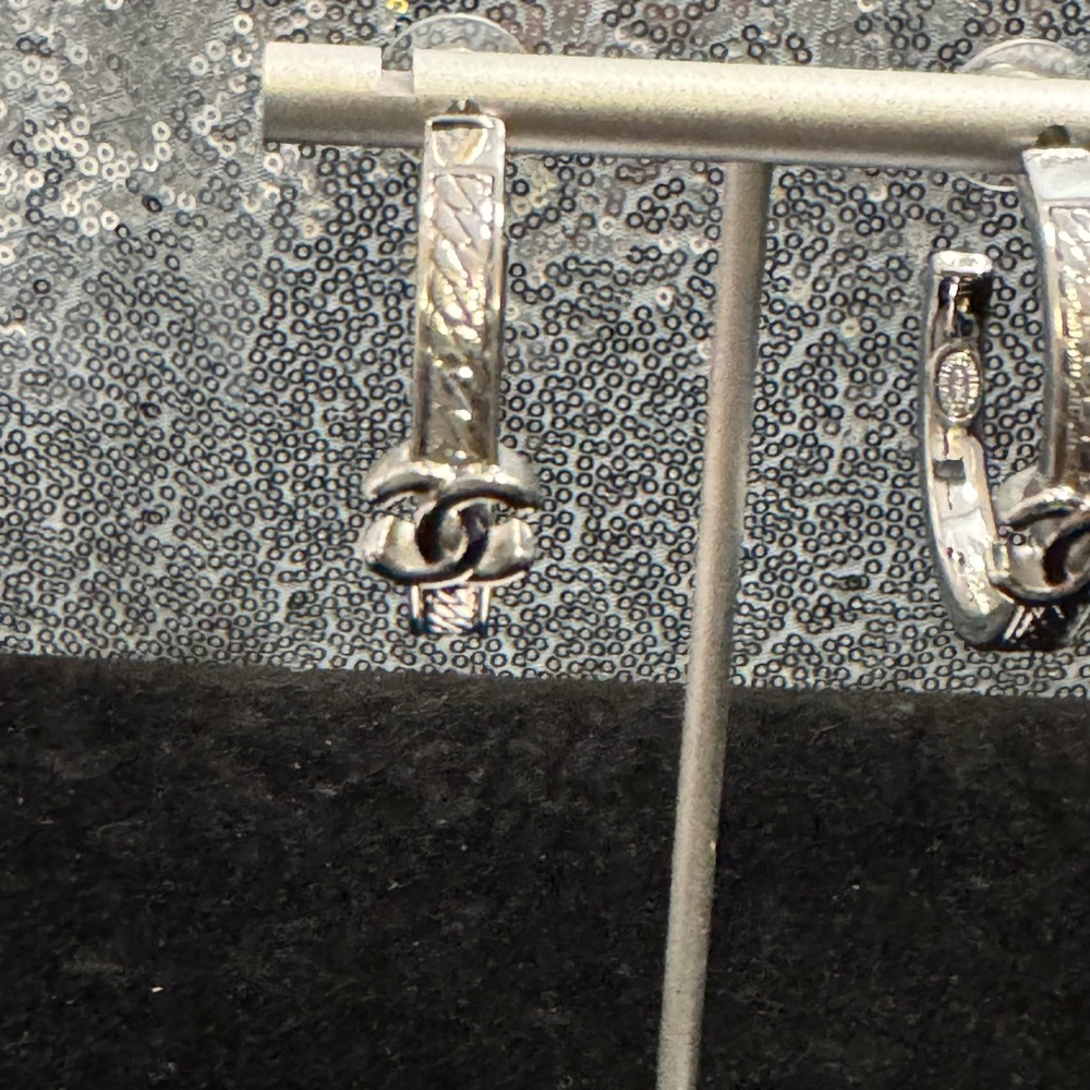 CHANEL Silver Hoop CC Etched Earrings - Picture 2 of 6